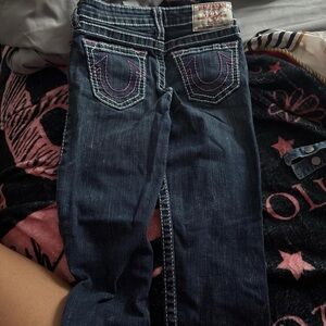 True Religion Women's Dark Blue Bootcut Jeans with Pink Stitching